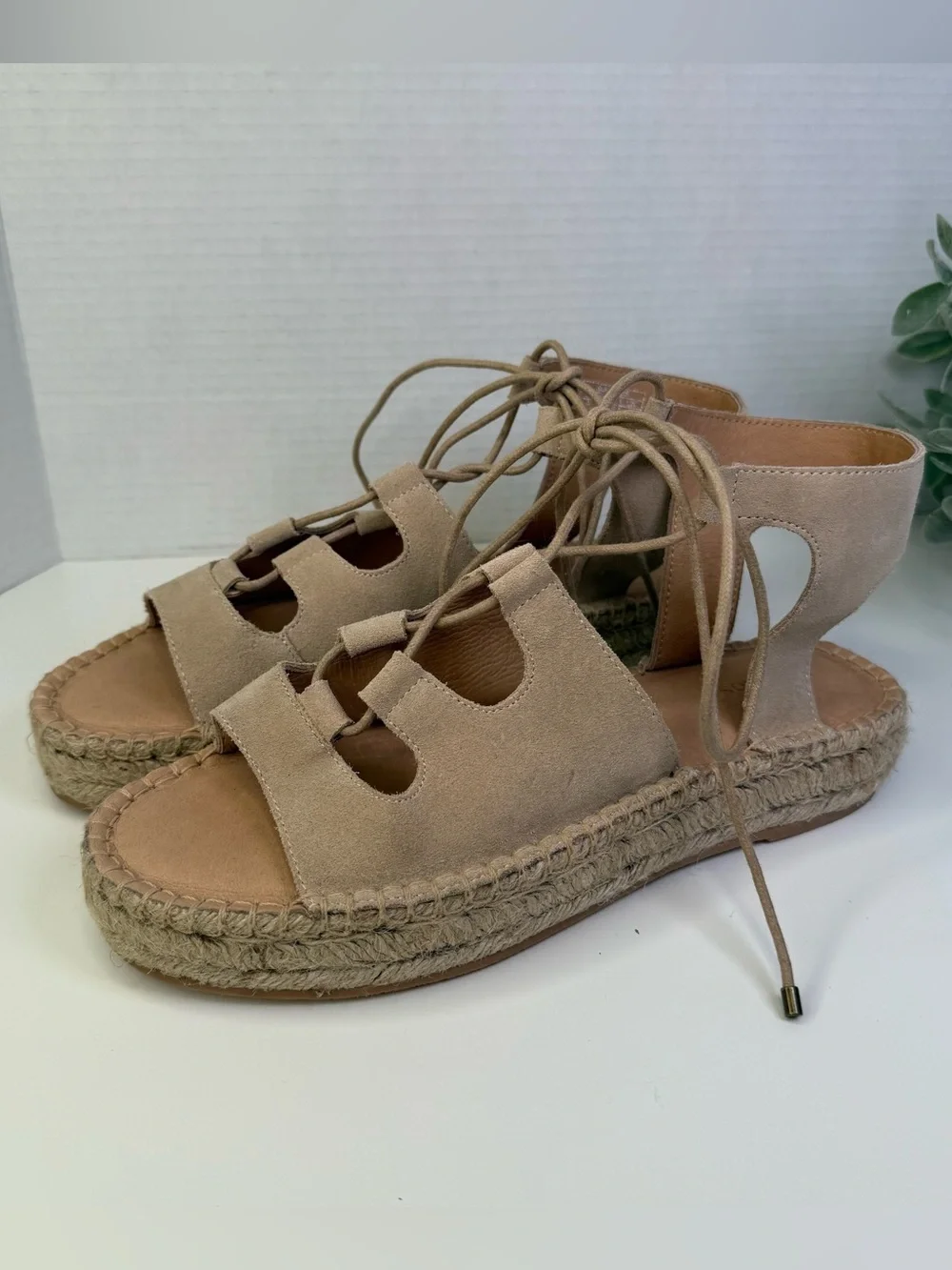 Soludos Sedona Ghillie Espadrille Nude Suede Boho Lace-Up Sandals Womens Size 9